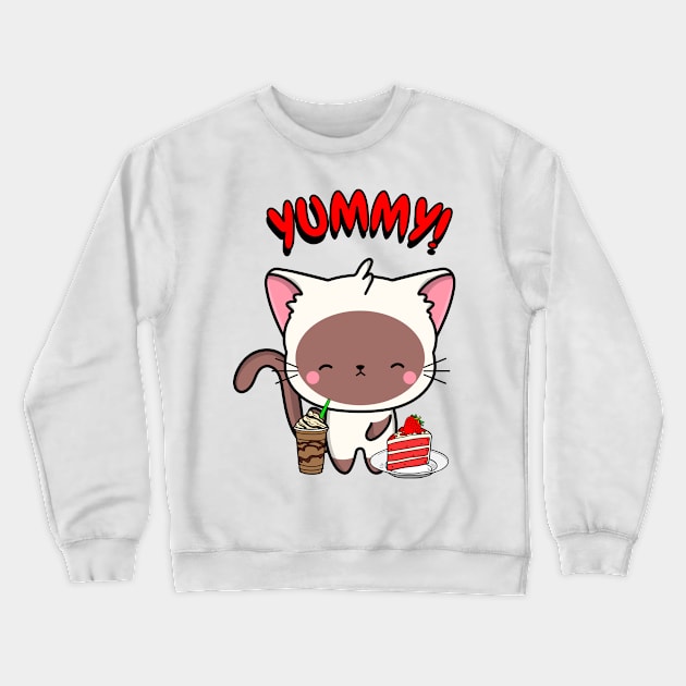 Cute white cat is having coffee and cake Crewneck Sweatshirt by Pet Station